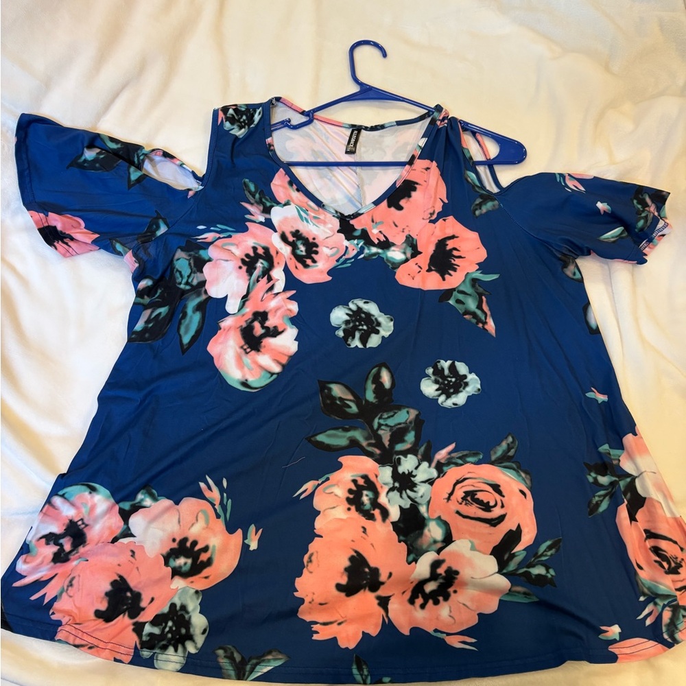 GUC 1X Elegant Floral Cold Shoulder Blouse - Blue and Pink
